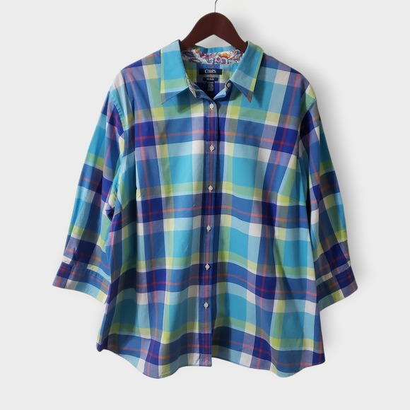 Chaps Tops - Chaps Womens 3X Blue Green Plaid No Iron Button Up Shirt 3/4 Sleeve Paisley Trim